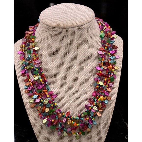 Boho Multi Strand Leaf Beaded Statement Necklace Retro 90s Vibrant Colorful - Picture 1 of 8